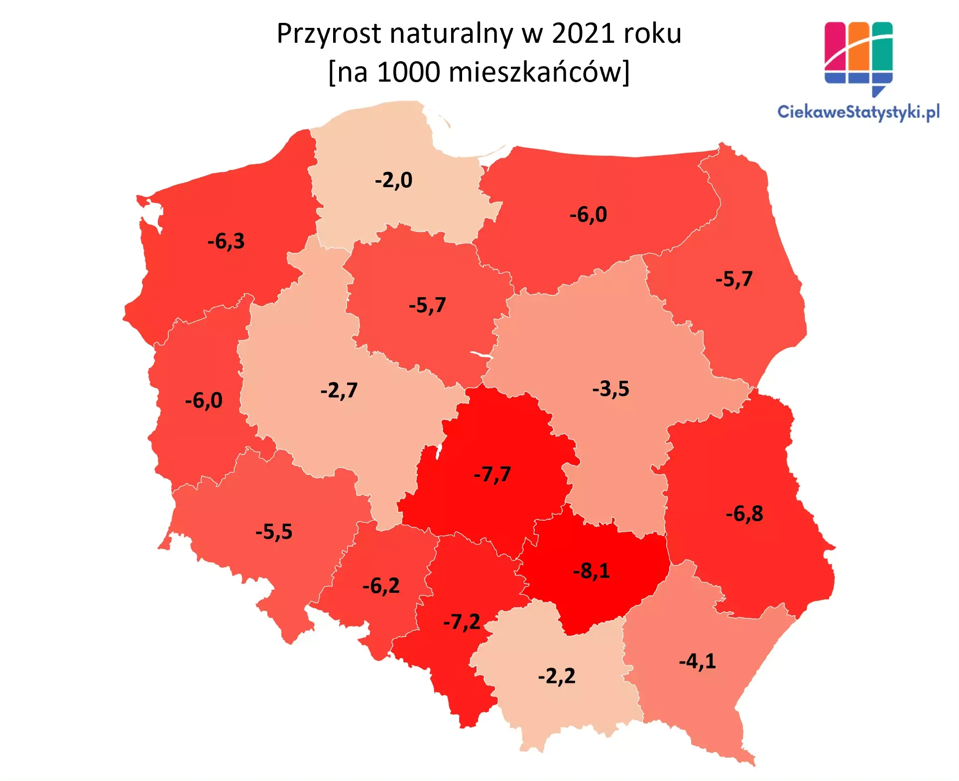 Mapa przedstawia przyrost naturalny w Polsce wg województw