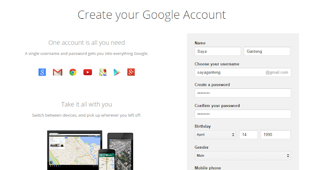 Pengisian form untuk mendaftar gmail di gmail.com