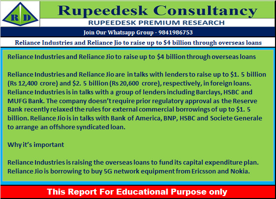 Reliance Industries and Reliance Jio to raise up to $4 billion through overseas loans - Rupeedesk Reports - 10.10.2022