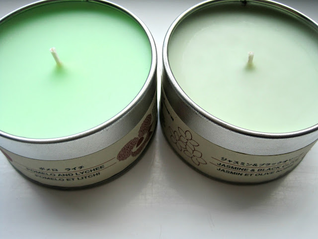 muji tin candle review pomelo lychee jasmine black olive muji candles