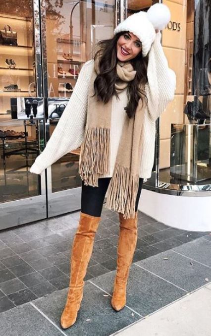 gorgeous winter outfit / scarf + brown over knee boots + knit hat + oversized sweater + black skinnies