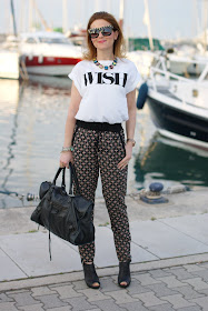 wish t-shirt, pull & bear pyjama pants, Balenciaga bag, fashion and cookies