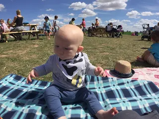 A baby sitting on a picnic blanket