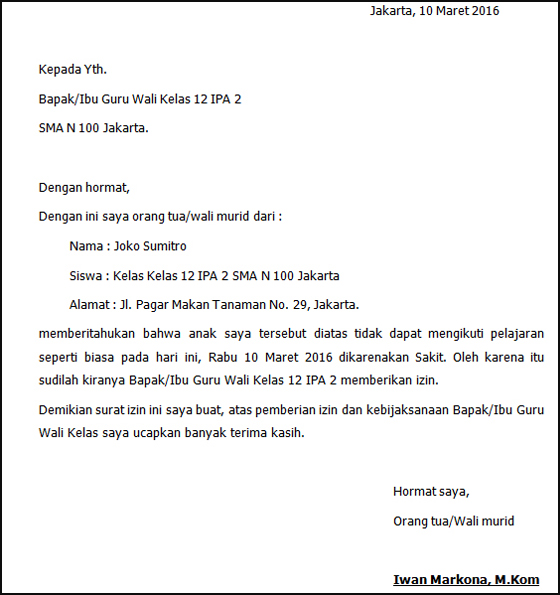 Contoh Surat Izin Tidak Masuk Sekolah Dikarenakan Sakit 