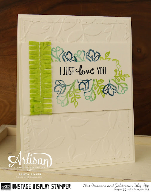 Stampin' Up!'s Occasion Mini is loaded with beauty. Like the Petal Palette stamp set, which pairs beautifully with the Layered Leaves embossing folder~Tanya Boser as Display Stamper