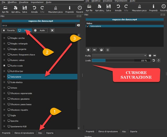 filtro della saturazione su shotcut