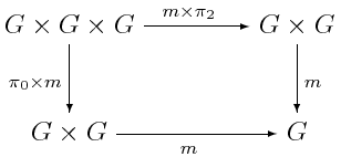 \begin{diagram}
G\times{G}\times{G}    && \rTo^{m\times{\pi_{2}} && G\times{G} \\
\dTo^{\pi_{0}\times m} &&                         && \dTo_{m}   \\
G\times{G}             && \rTo_{m}               && G
\end{diagram}