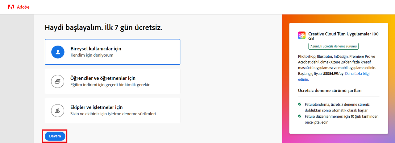 Adobe Creative Cloud Bireysel Kullanıcılar için 7 Gün Ücretsiz Deneme Sürümü Hesabı Kayıt olma