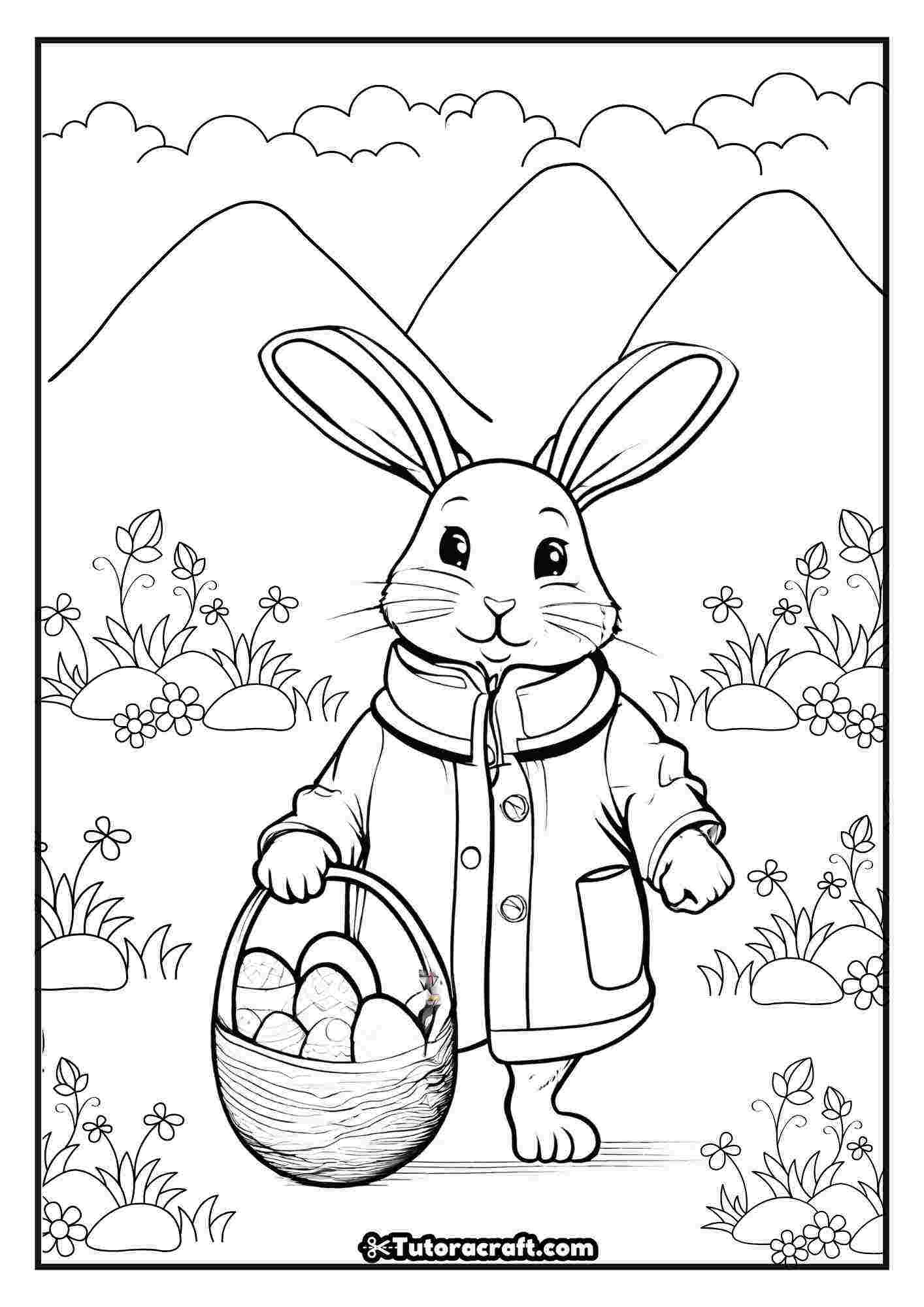 Desenho de páscoa grátis para colorir coelho de casaco carregando cestinha de ovos de páscoa