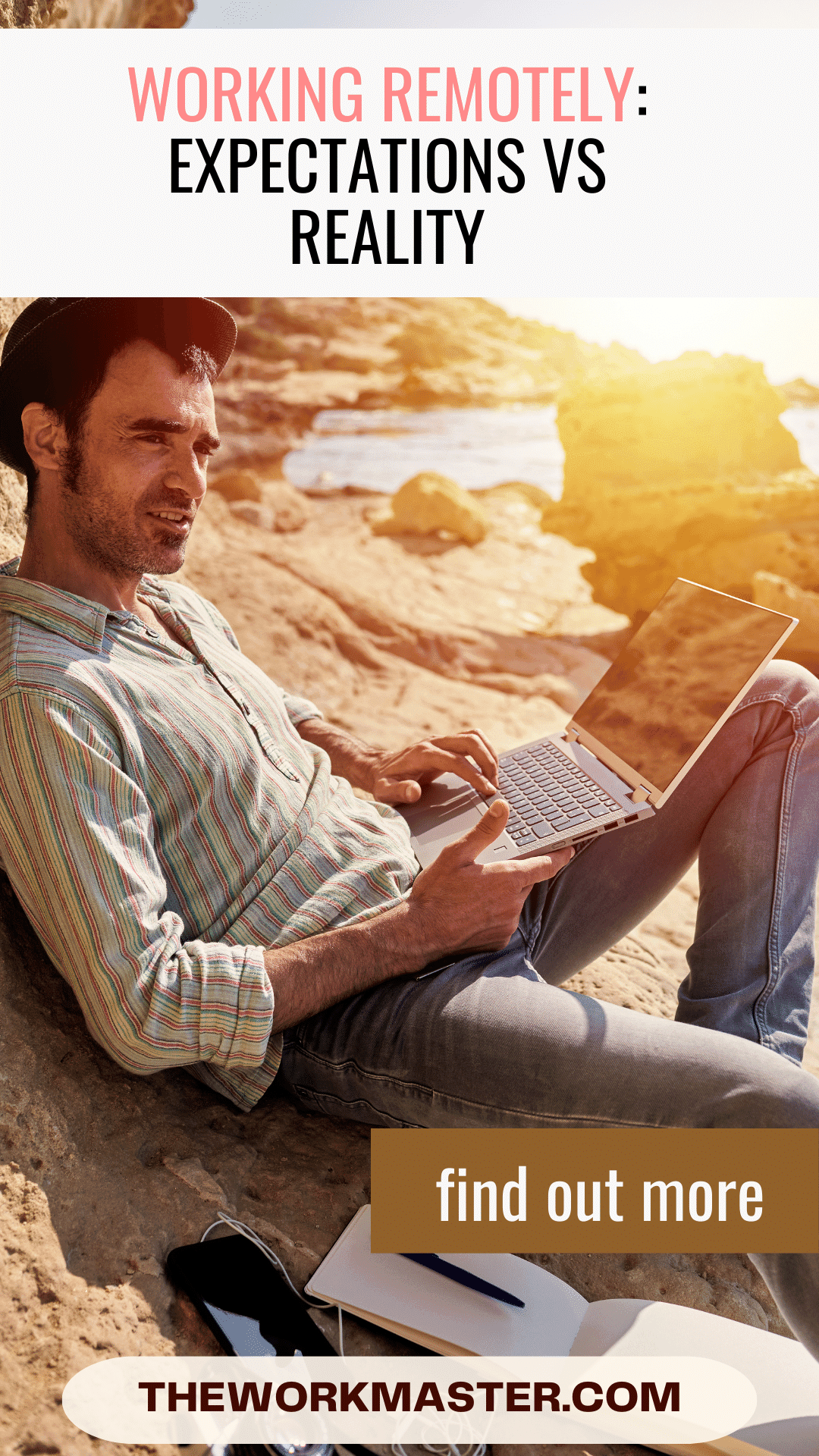 a man working from a beautiful rocky place with a laptop