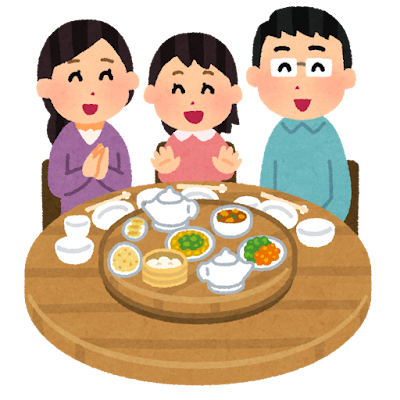 ターンテーブルで中華料理を食べる家族のイラスト