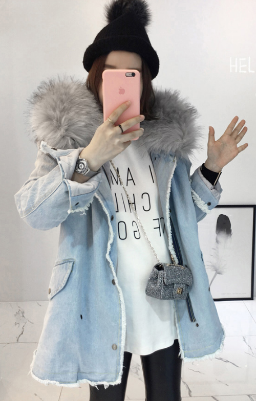  Faux Fur Trim Hood Denim Jacket