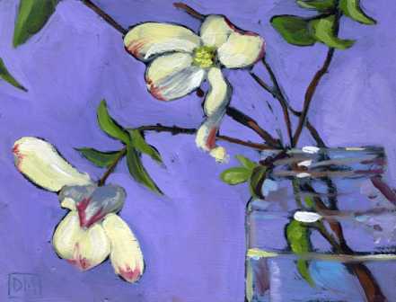 floral painting, dogwood flowers, purple, dogwood blossoms in jar, debbiemillerpainting.blogspot.com