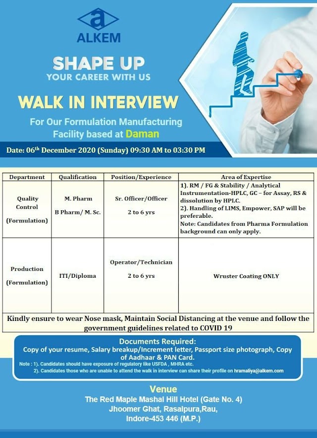 Alkem Labs | Walk-in interview for Production/QC on 6th Dec 2020