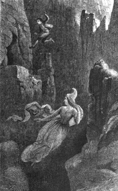 Гравюра, изображающая мужчину, прыгающего за женщиной (эльфийкой) в пропасть