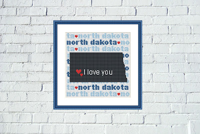 North Dakota map typography cross stitch pattern - Tango Stitch