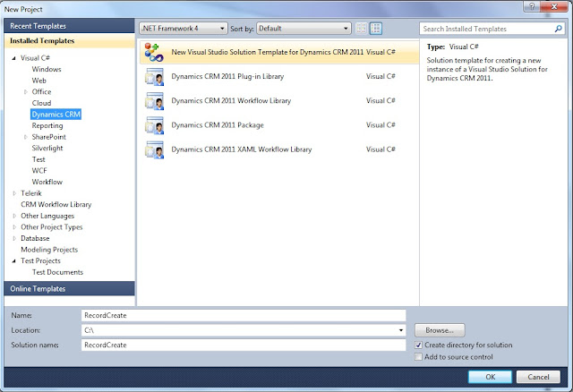 Visual Studio 2011 solution Creation window