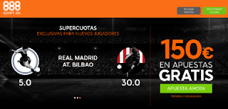 888sport bienvenida 150 euros + supercuota 5 o 30 Real Madrid o Athletic gana Liga 23 octubre