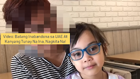 The biological mother of the abandoned 6-year-old girl in the UAE who is a Filipina finally surfaced revealing the girl's real name and her age. According to the woman, the girl is a product of her former affair to a Filipino man. She admitted that she is married and has two other daughters in the Philippines. She also clarified that the girl is now seven and not six years old.       Ads           The real mother of Fatima the girl who had been abandoned in Ajman with no paperwork — finally surfaced agreed to cooperate in order to get the girl documented so she could attend school.     Reunited in a fast food joint in Karama, close to where the real mother still stays, it was explained to Fatima that she is actually seven-years-old not six (born February 15, 2012)she also told her that her real name is Angel.    The mother whose identity is not revealed, now 50 years old, is married with two teenage girls in the Philippines. She admitted that she had a relationship with another OFW in Dubai only a few months after arriving in the UAE.    She got pregnant and had the baby in a local Dubai hospital filed under the marriage certificate of her and her husband, who is still in the Philippines.  Ads          Sponsored Links    “My boyfriend left me before the birth and within a month of having Angel I found it too difficult to support both her and my family in the Philippines because I was the only provider,” the mother told Gulf News.    Then, a male friend of the mother approached another Filipina through a prayer meeting in Satwa and it was agreed the child could be ‘looked after’ by the second Filipina, who wanted a child because she and her Pakistani partner couldn’t have it as they are both in their 50's.    The couple became her foster parents and taken care of the girl, who they gave the name Fatima, for five years until December 2018, the couple had a financial crisis and forced to have Fatima for adoption by a man named Syed Ali Moazzam.    Moazzam is indeed very eager to take custody of the girl but unfortunately, they had struggles with legalities since the girl had no documents supporting her identity. Moazzam also sought the help of the Philippine Embassy in the UAE in the hope of finding the girl's real mother but to no avail.   A few days after Fatima's story went trending on social media and with the help of a local news company, they were able to find ways to locate the Filipina which agrees to cooperate in helping with the legalities that will allow Moazzam to adopt the girl. However, she wanted her real identity to be concealed. She does not want her family in the Philippines to know about Fatima.    Fatima seems happy that she finally met her real mom. Likewise, she is also thankful that with her help, she may now be legally adopted by her newfound parents and will finally be able to go to school after obtaining all the documents she needed.