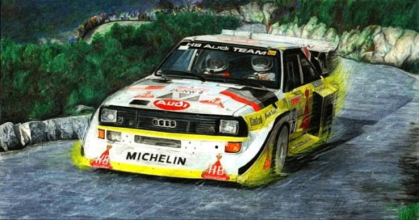 Hannu Mikolla driving the Audi S1 on the tricky Montecarlo rally stages