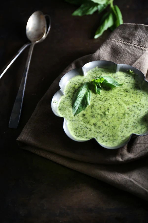 Easy Pesto Recipe in Scalloped Pewter Bowl with Fresh Basil Garnish