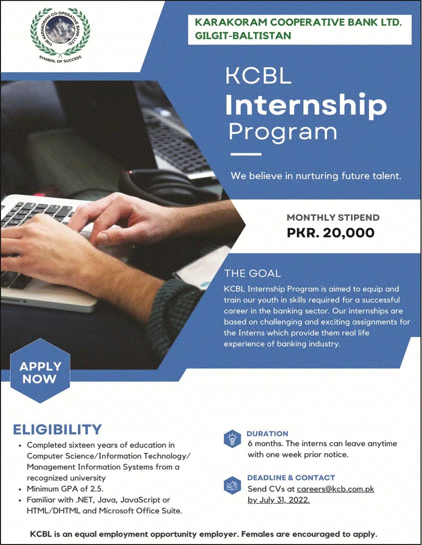 KCBL Internships Program 2022 Latest Advertisement