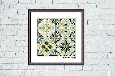 Beautiful Portuguese Azulejo tiles cross stitch ornaments hand embroidery - Tango Stitch
