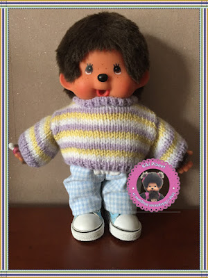 Pull rayé pastel fait main pour Kiki ou Monchhichi, handmade, fait main, tricot