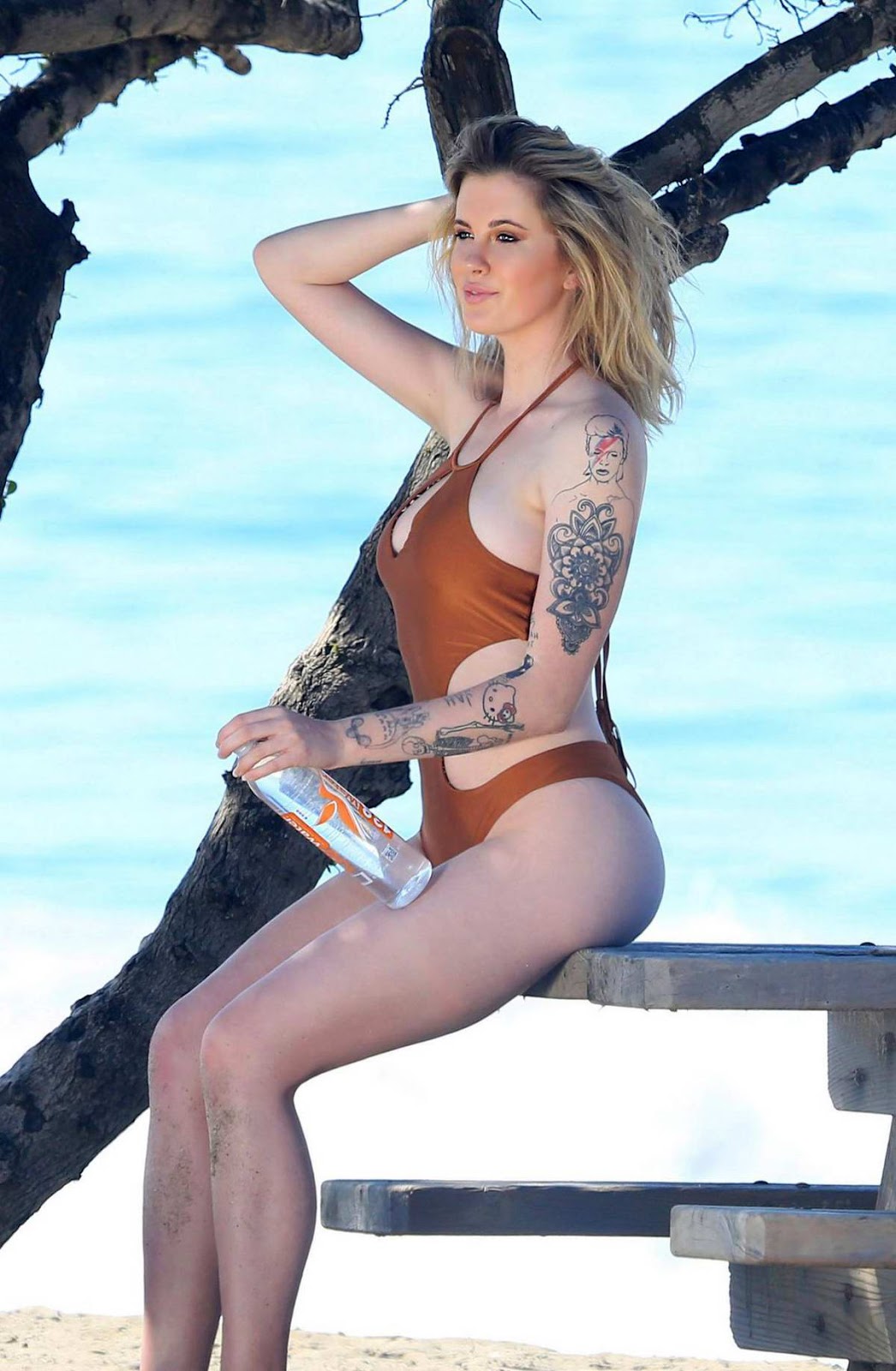 Ireland Baldwin in a sexy copper swimsuit photo shoot in Malibu 