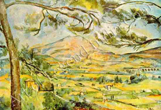 Mont Sainte-Victoire (1885-87), This rugged mountain near his family home held strong emotional associations for Cezanne. He described it to Zola in 1878 as a 'stunning motif and painted it obsessively for the next three decades. In 7 this version, the contours of the distant mountain are echoed by the branches a' of the pine tree. 