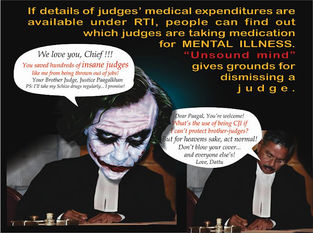 Is Supreme Court shielding INSANE JUDGES? Did a bench headed by CJI Dattu rule against giving RTI information about judges' medical expenses on Thursday, to prevent the public from knowing which judges take prescription-drugs for MENTAL ILLNESSES?   These judges may arguably be impeached on grounds of being unable to discharge their duties because of "unsound mind".