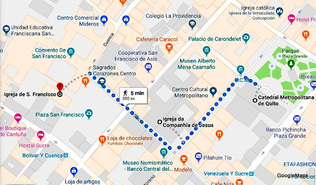 Mapa do roteiro de visitas à Catedral de Quito, La Compañia e Igreja de San Francisco