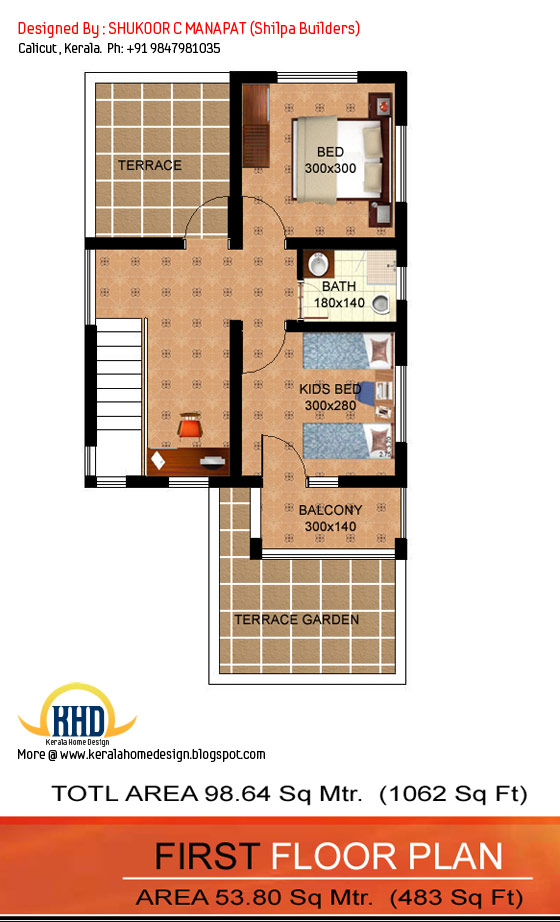 First floor plan - 1062 Sq.Ft. 3 bedroom low budget house
