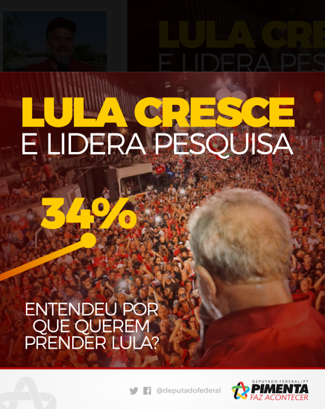 LULA CRESCE E, COM 34%, LIDERA DISPUTA PRESIDENCIAL