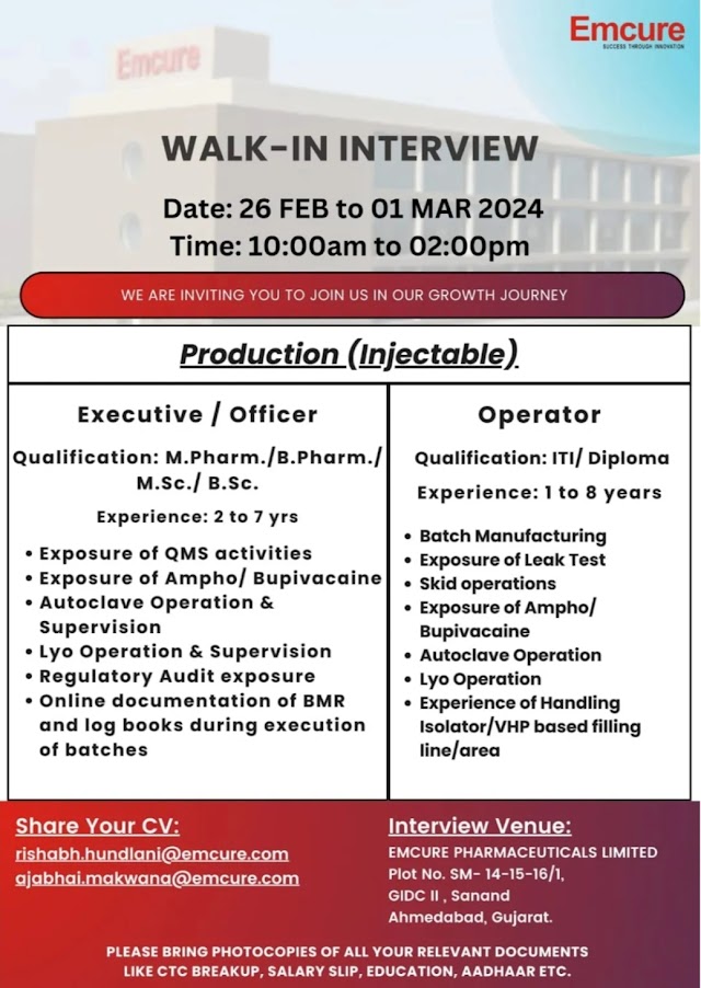 Emcure Pharmaceuticals | Walk-in interview for Production from 26th Feb to 1st March 2024