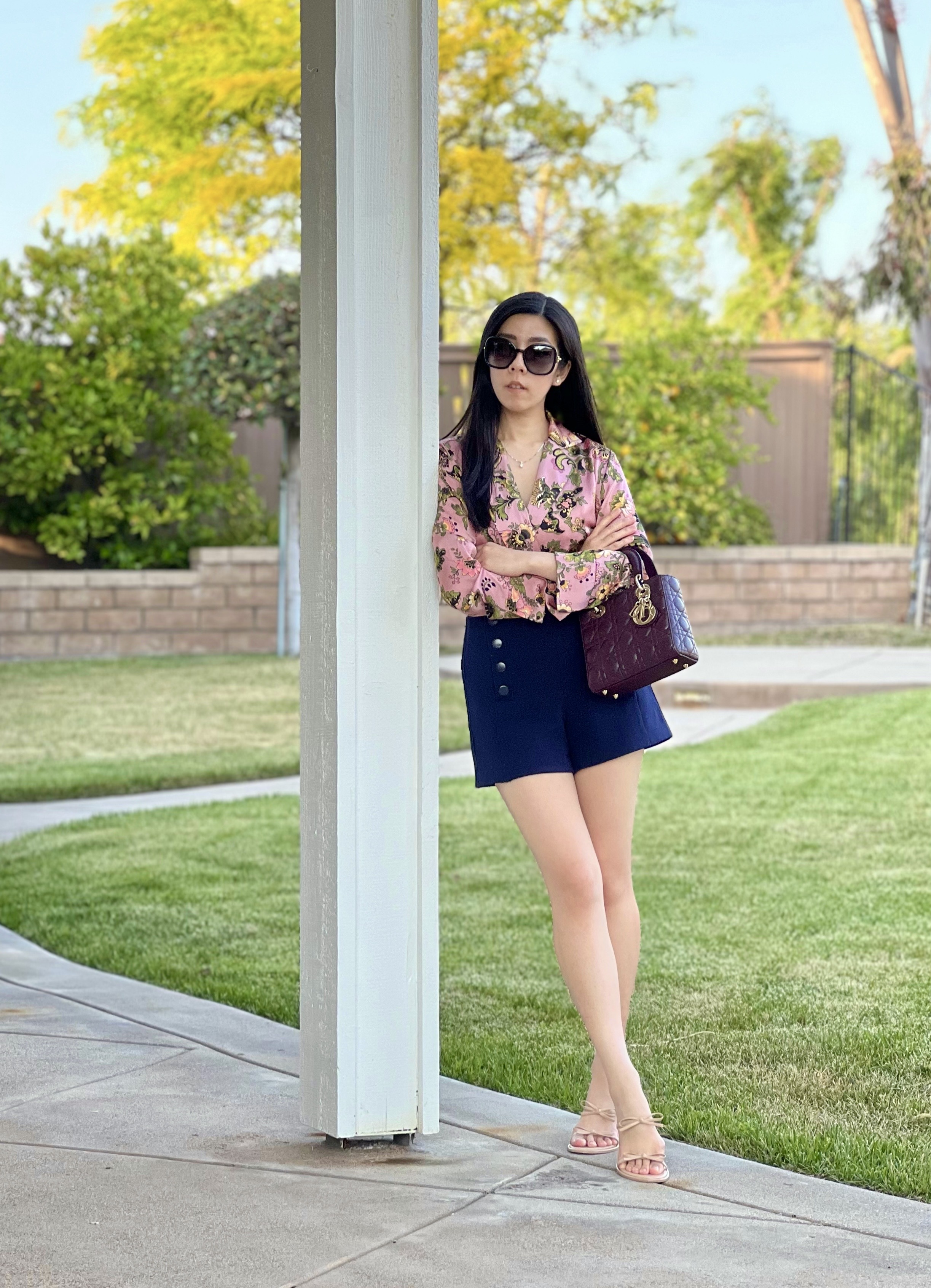 Adrienne Nguyen_Pink Floral Zara Body Suit with Blue High Waisted Sailor Shorts_Maximalist Outfit_Nude Bow Strap Sandal Mule Heels_Amaranth Small Lady Dior Bag_Spring Style_What I Wore_San Diego Blogger