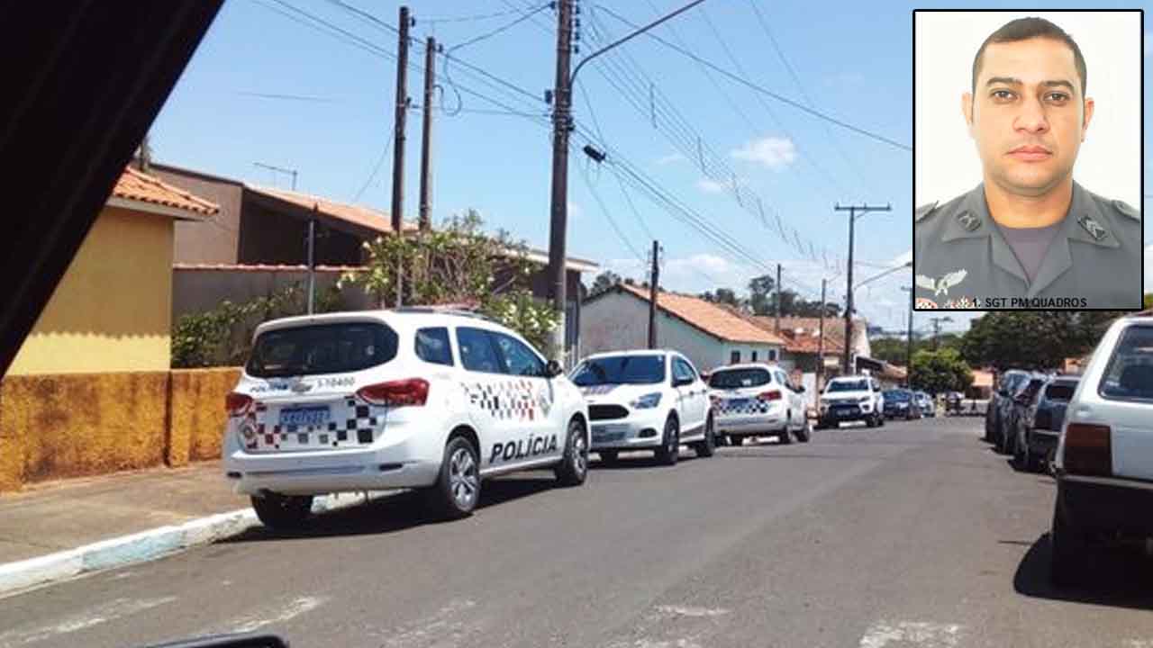 Foto da frente da casa do policial que  atirou na esposa e se mata com disparo com tiro na cabeça em Anhembi -  no detalhe foto do policial