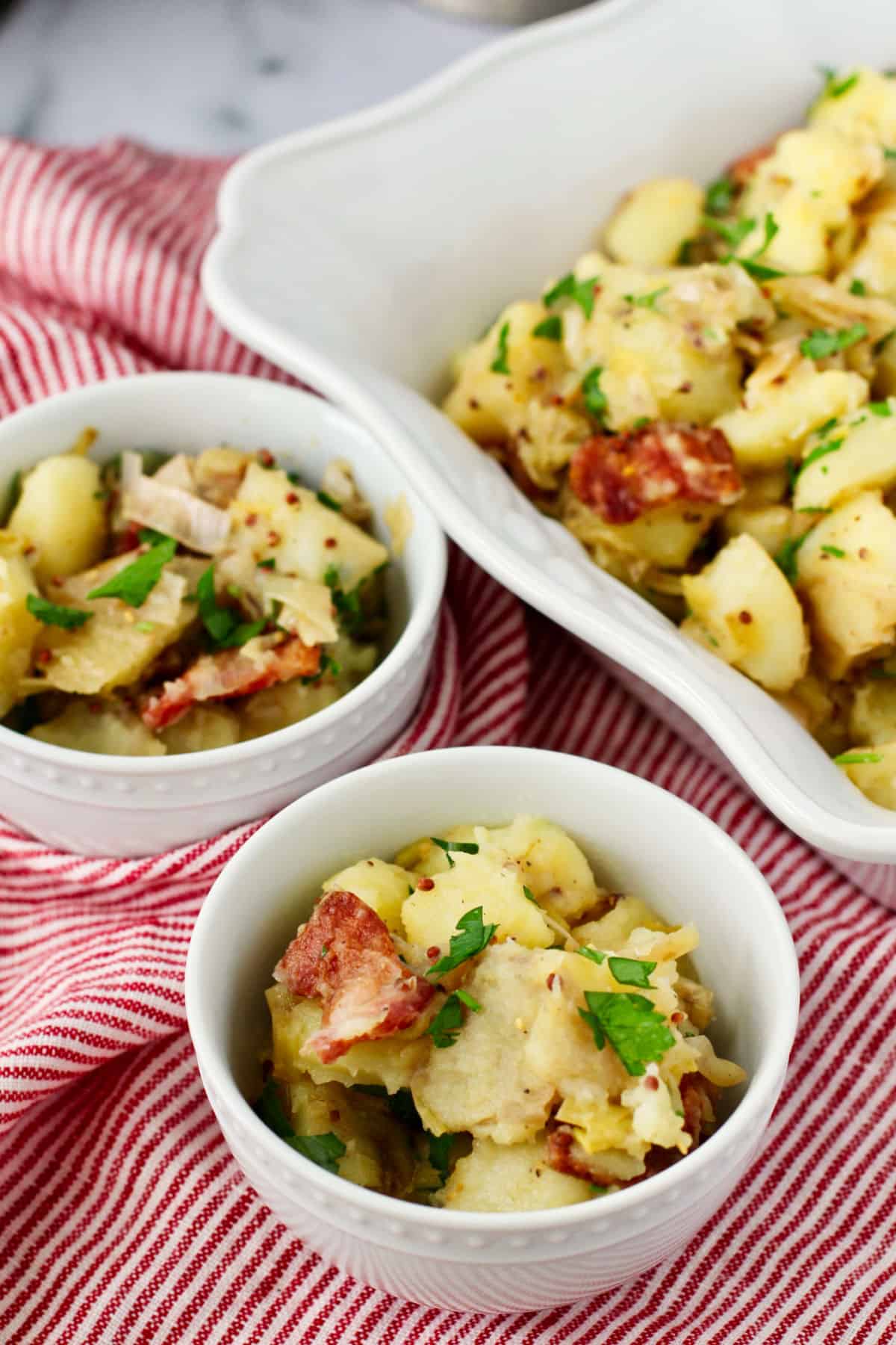 German Potato Salad in white bowls.