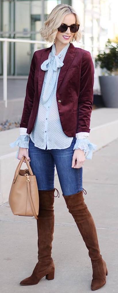 what to wear a pair of over knee boots : velvet blazer + shirt + skinnies + nude bag