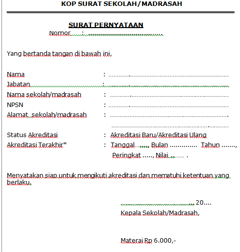 gambar Format surat pernyataan kesediaan sekolah/madrasah mengikuti akreditasi 2017