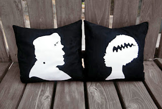 frankenstein and bride of frankenstein silhouette pillow from A Black Star etsy halloween decorations