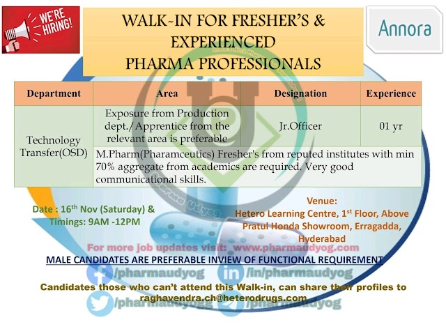 Annora Pharma | Walk-in at Hyderabad for Freshers & Experienced on 16 Nov 2019 | Pharma Jobs for Freshers