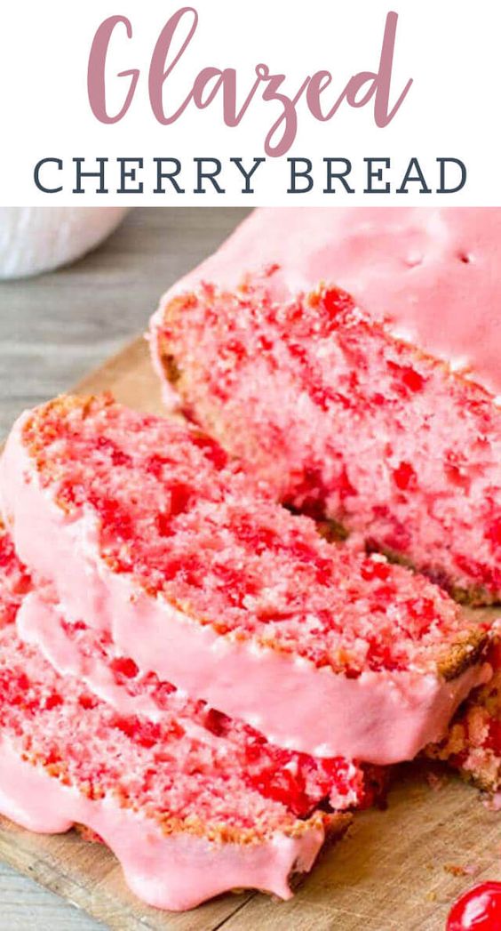 A simple quick bread with maraschino cherries in every bite. Don't forget the almond cherry glaze on top this simple cherry bread! #valentinesday #pink #bread #quickbread #cherries