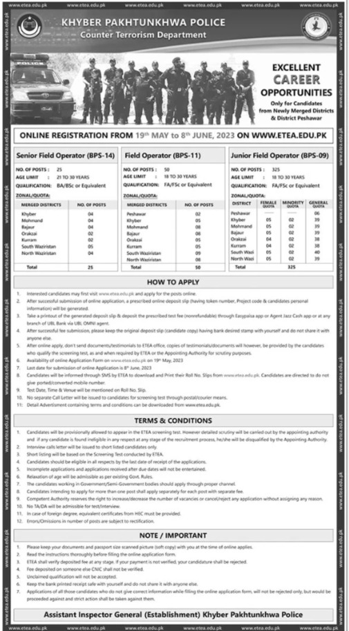 Counter Terrorism Department KPK Police Jobs Advertisement 2023