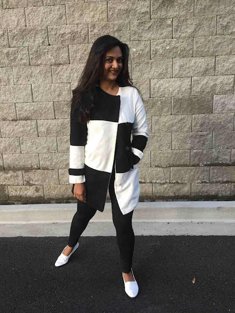 black and white coat, monochrome look, kahini kreative reviews, seattle fall fashion, ananya, white coat