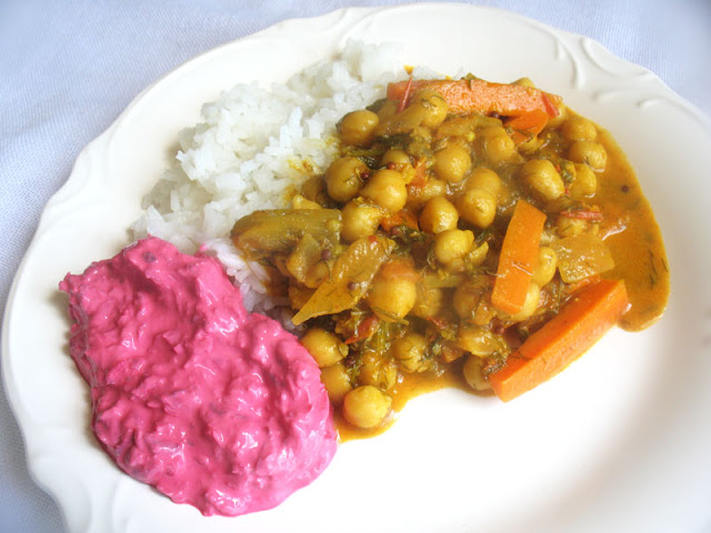 Chickpea Curry with Dill, Carrot and Beet Raita