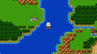 The party sets sail in their new boat, a major mode of transportation in Dragon Quest II.