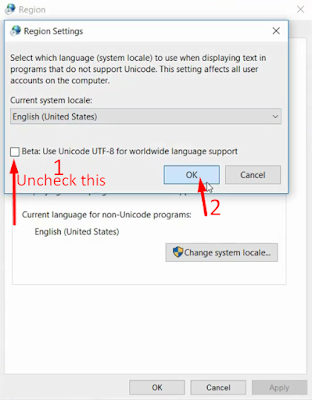 Uncheck the Beta: Use Unicode UTF-8 for worldwide language support, and hit OK