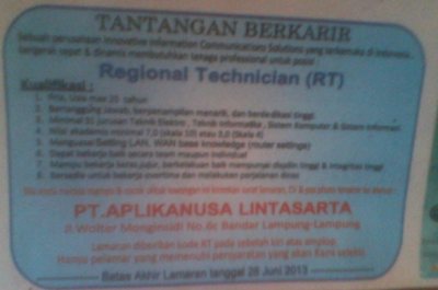 Lowongan Regional Technician PT Aplikanusa Lintasarta Lampung Juni 2013