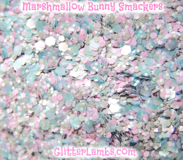 Glitter Lambs "Marshmallow Bunny Smackers" loose glitter mix has an assorted mix of gray hex glitters, light pink hex, light blue hex and tiny white hex.